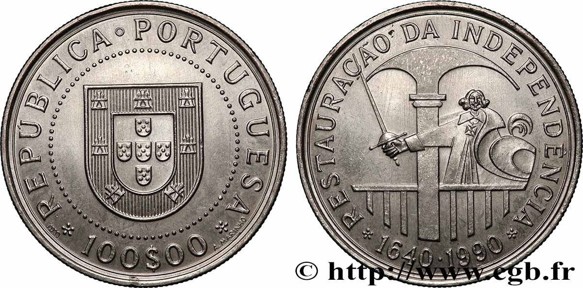 PORTUGAL 100 Escudos Restauration de l’indépendance 1990 Lisbonne SUP