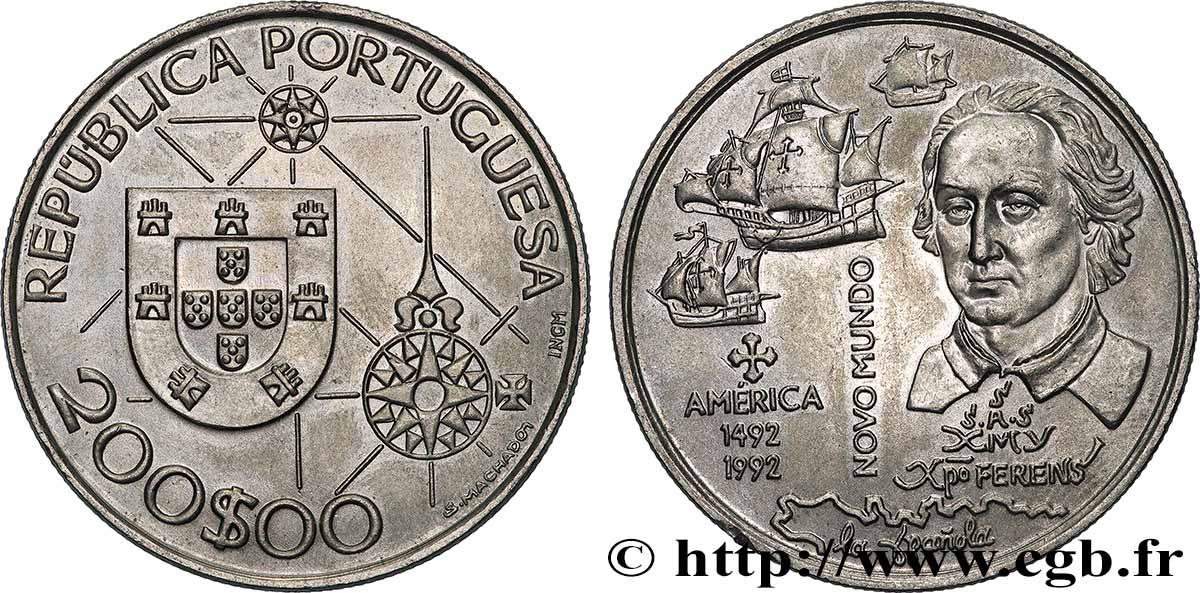 PORTUGAL 200 Escudos 500e anniversaire découverte de l’Amérique, Colomb et ses navires 1992 Lisbonne AU