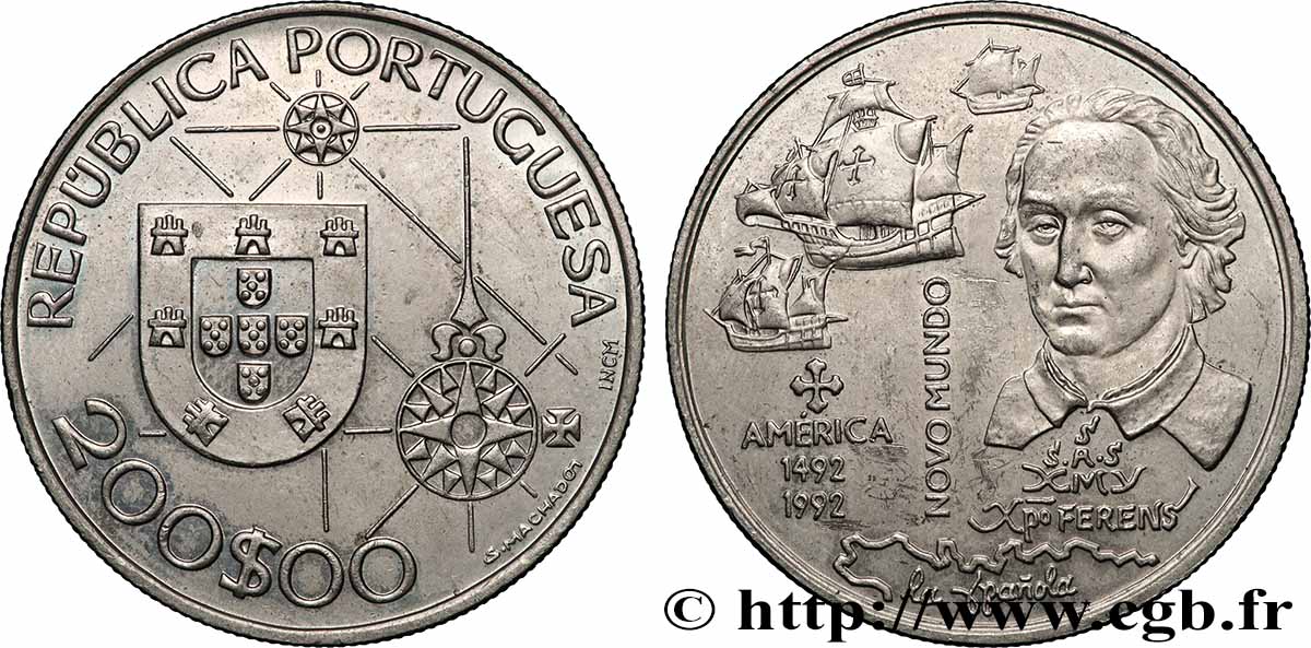 PORTUGAL 200 Escudos 500e anniversaire découverte de l’Amérique, Colomb et ses navires 1992 Lisbonne SUP