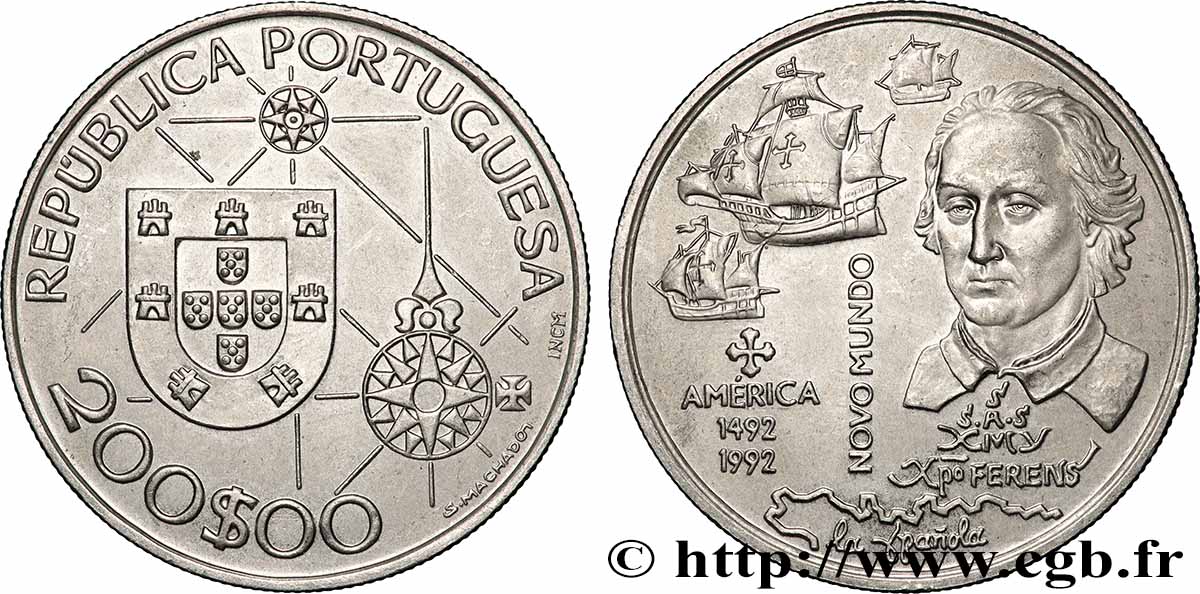 PORTUGAL 200 Escudos 500e anniversaire découverte de l’Amérique, Colomb et ses navires 1992 Lisbonne SUP