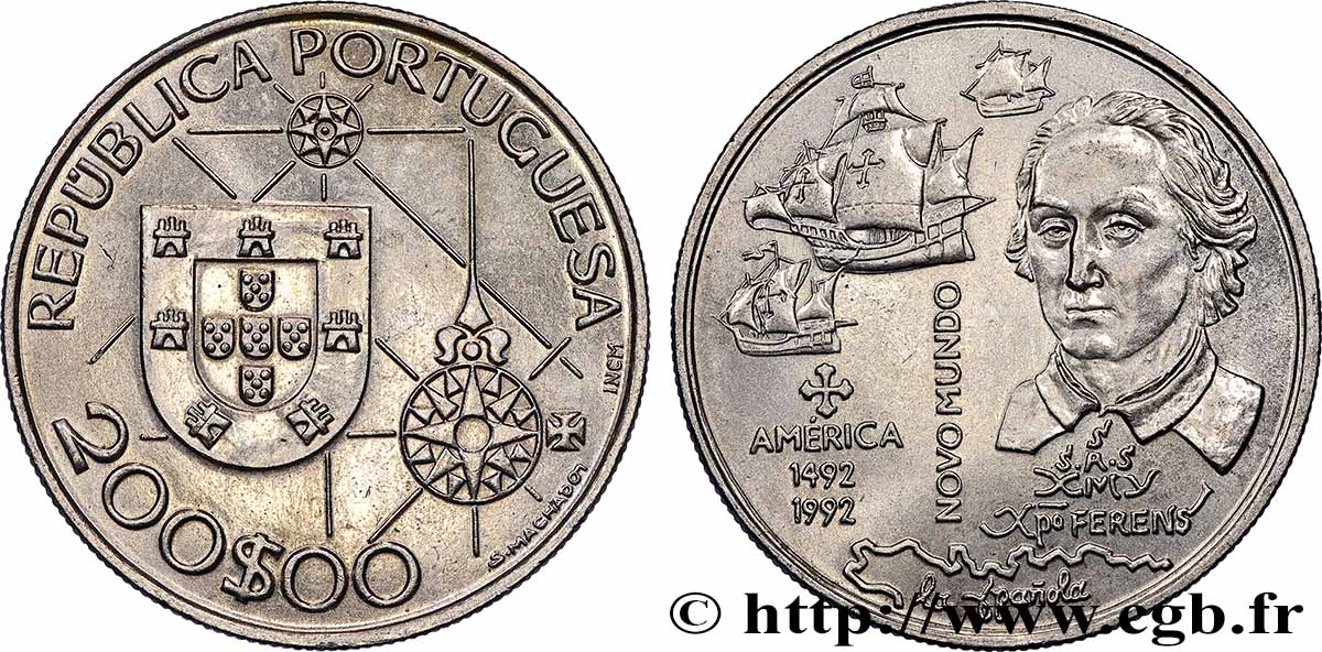 PORTUGAL 200 Escudos 500e anniversaire découverte de l’Amérique, Colomb et ses navires 1992 Lisbonne SUP