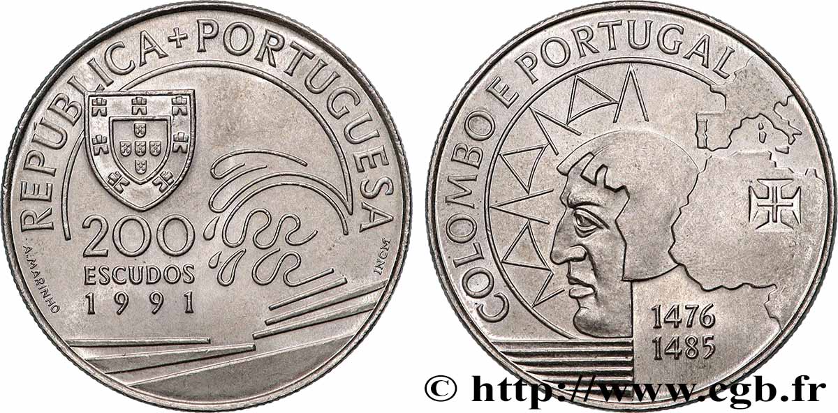 PORTOGALLO 200 Escudos Christophe Colomb 1991 Lisbonne SPL