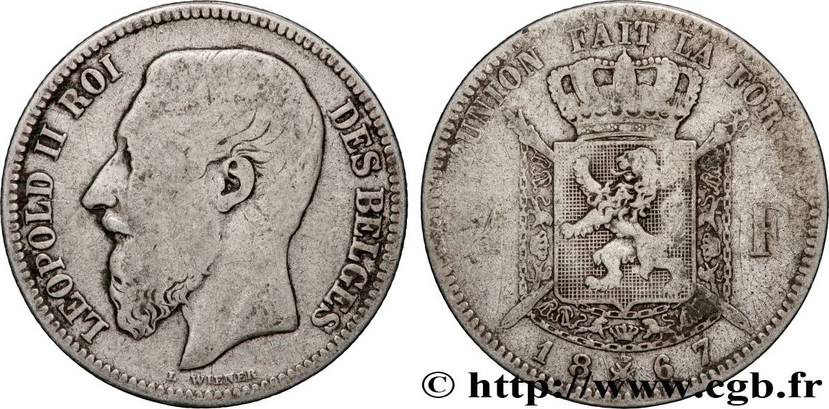 BELGIQUE 2 Francs Léopold II légende française 1867 Bruxelles TB