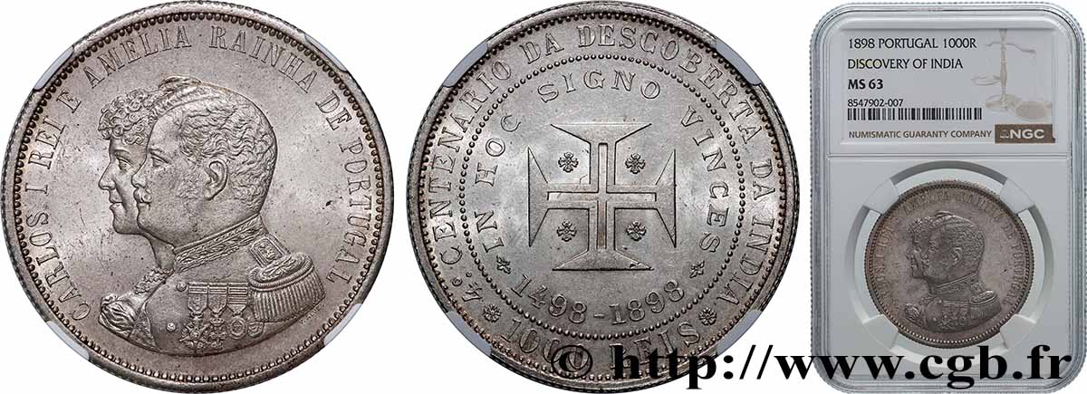PORTUGAL 1000 Réis Charles Ier et Amélie 1898  SPL63 NGC
