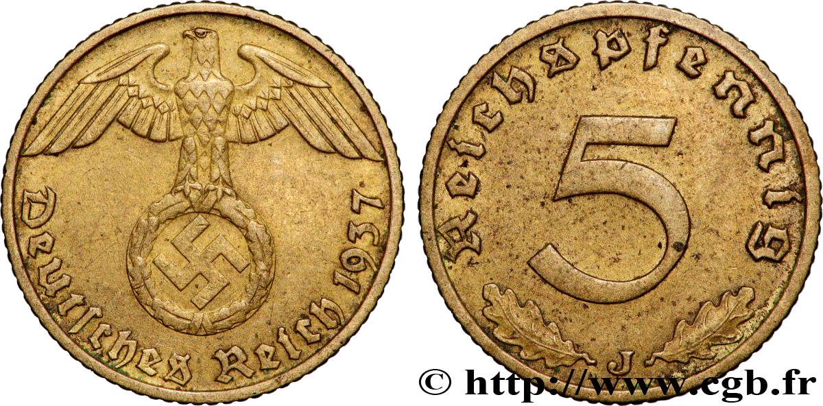 ALLEMAGNE 5 Reichspfennig aigle surmontant une swastika 1937 Hambourg TTB