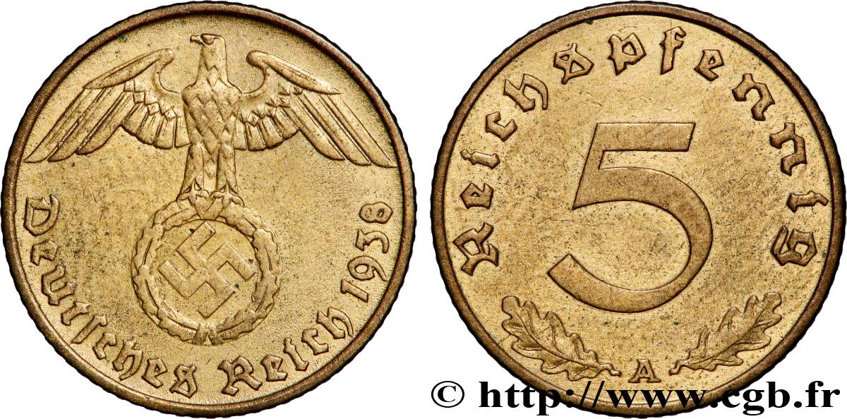 ALLEMAGNE 5 Reichspfennig aigle surmontant une swastika 1938 Berlin TTB+