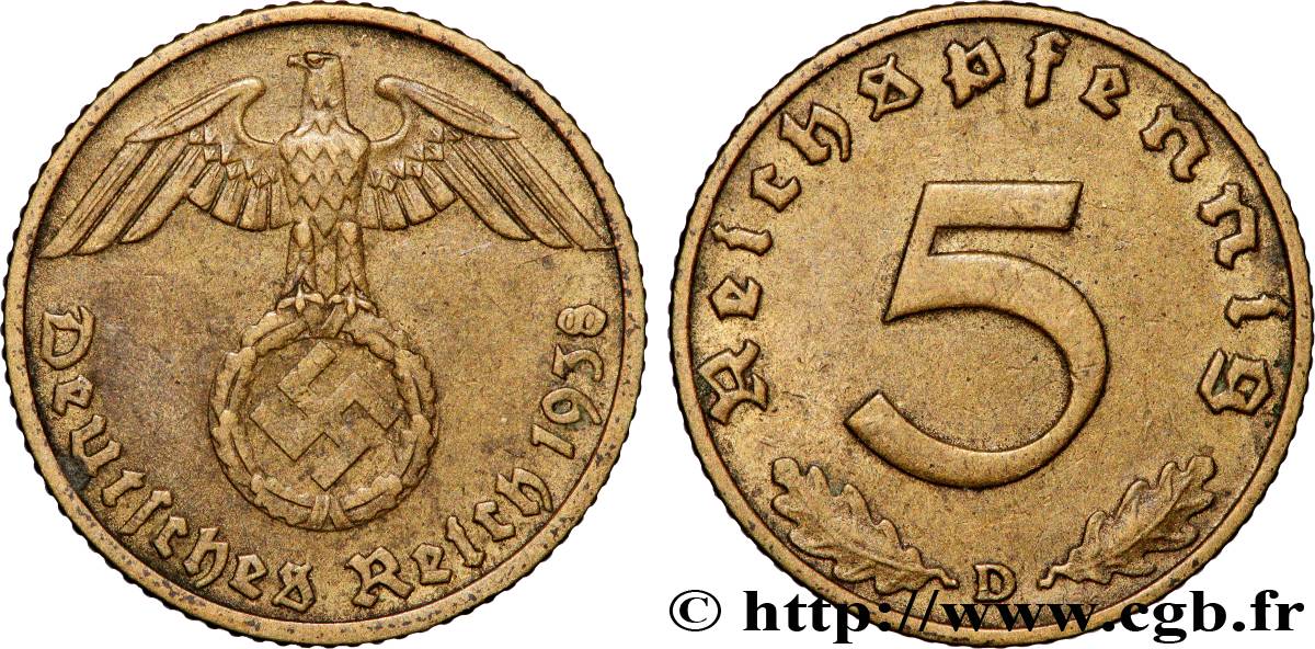 GERMANY 5 Reichspfennig aigle surmontant une swastika 1938 Munich - D XF