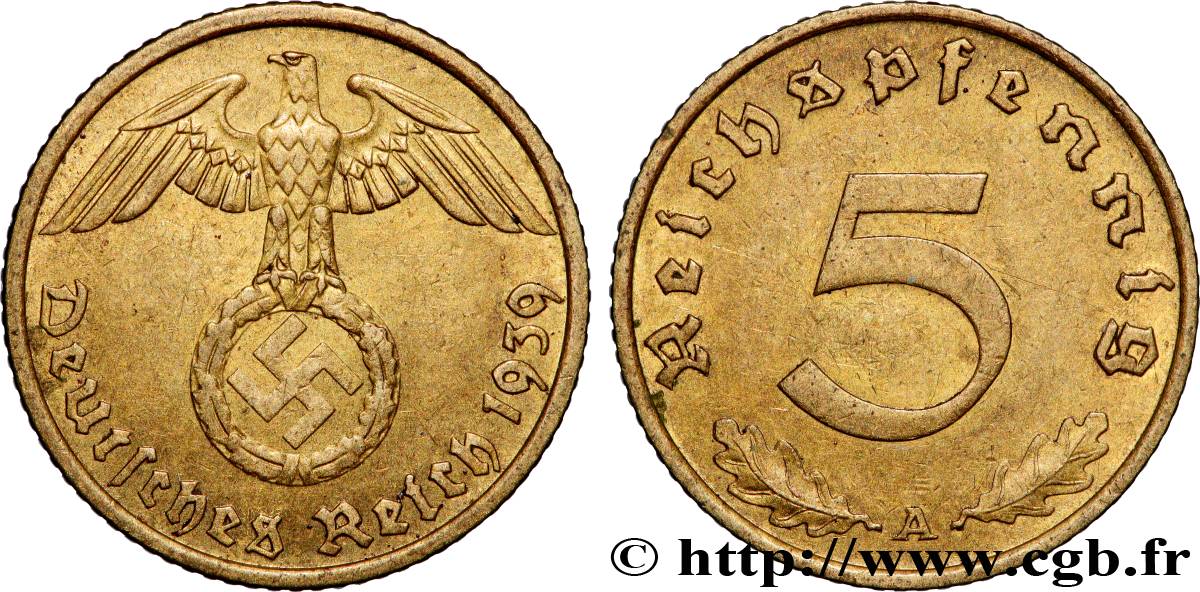 GERMANY 5 Reichspfennig aigle surmontant une swastika 1939 Berlin XF