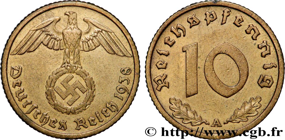 GERMANY 10 Reichspfennig aigle surmontant une swastika 1938 Berlin AU