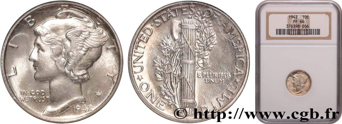 UNITED STATES OF AMERICA 1 Dime Mercury Proof 1942 Philadelphie MS66 autre