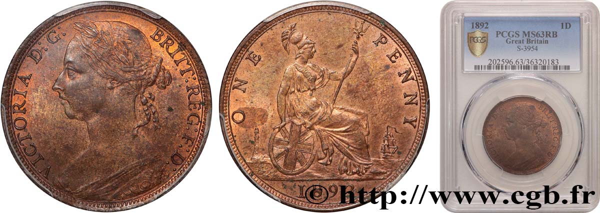 UNITED KINGDOM 1 Penny Victoria “Bun Head” 1892  MS63 PCGS