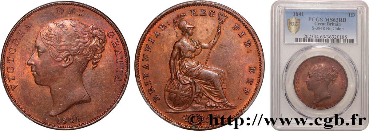 UNITED KINGDOM Penny Victoria tête jeune 1841  MS63 PCGS