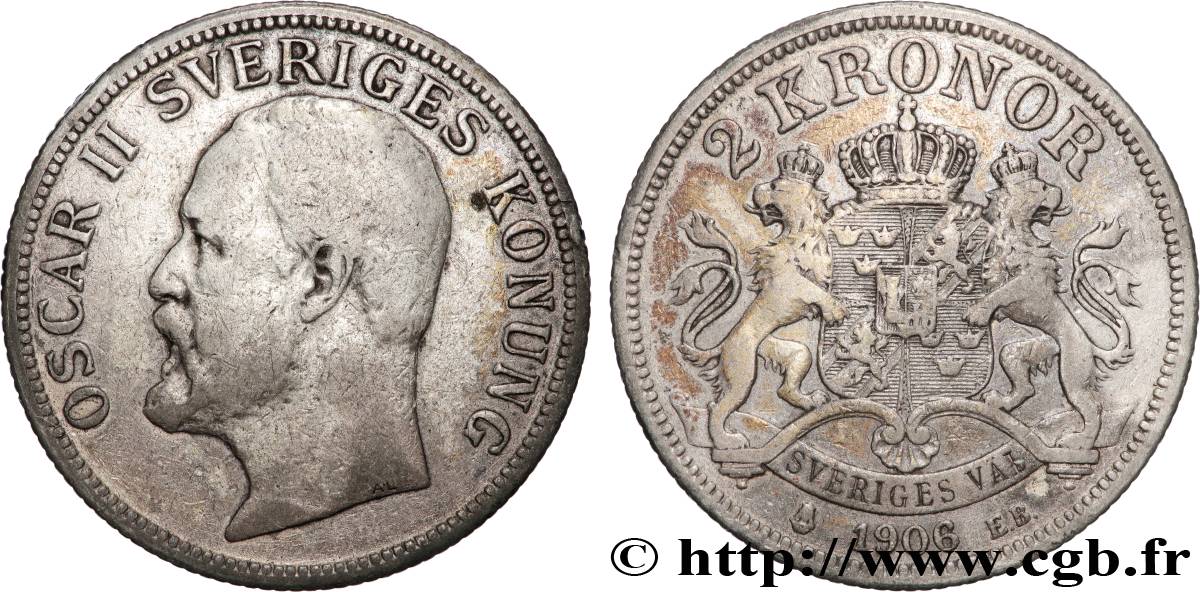 SUÈDE 2 Kronor Oscar II roi de Suède et de Norvège 1906  TTB