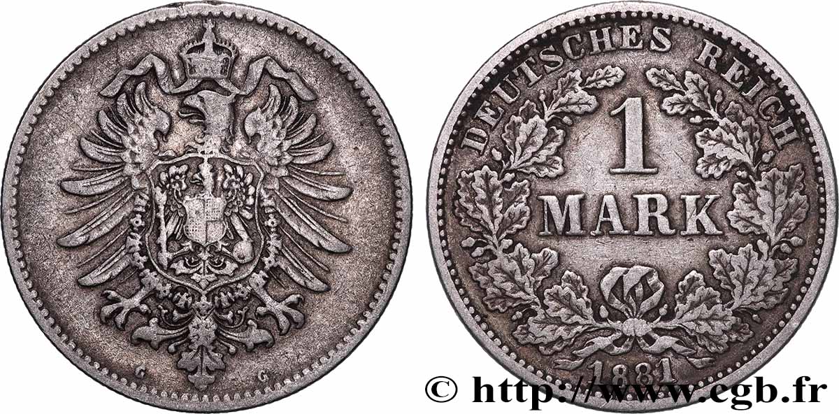 ALEMANIA 1 Mark Empire aigle impérial 1881 Karlsruhe - G BC+