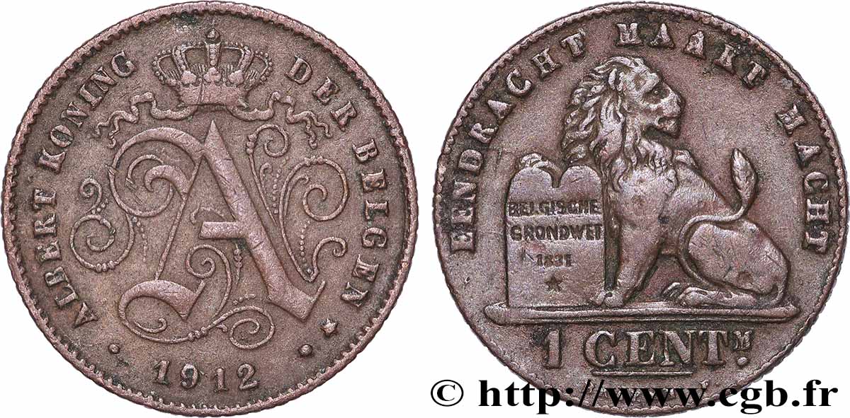 BELGIQUE 1 Centime Albert Ier légende en flamand 1912 Bruxelles TTB