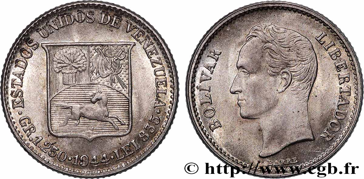 VENEZUELA 1/4 Bolivar 1944 Philadelphie AU