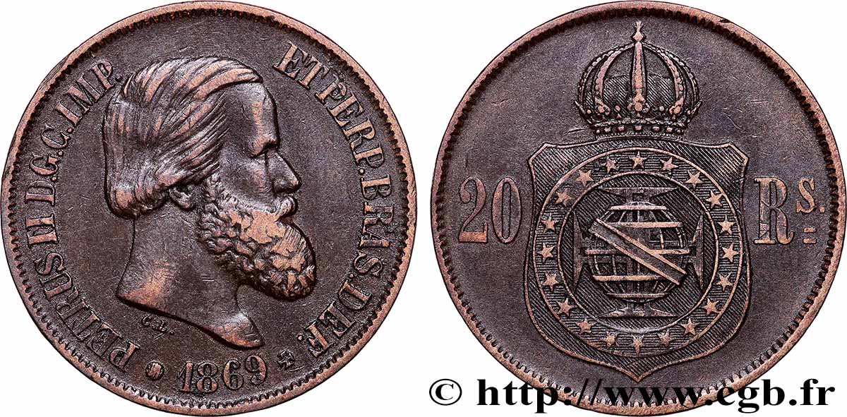 BRASILIEN 20 Réis Pierre II 1869 Rio de Janeiro SS