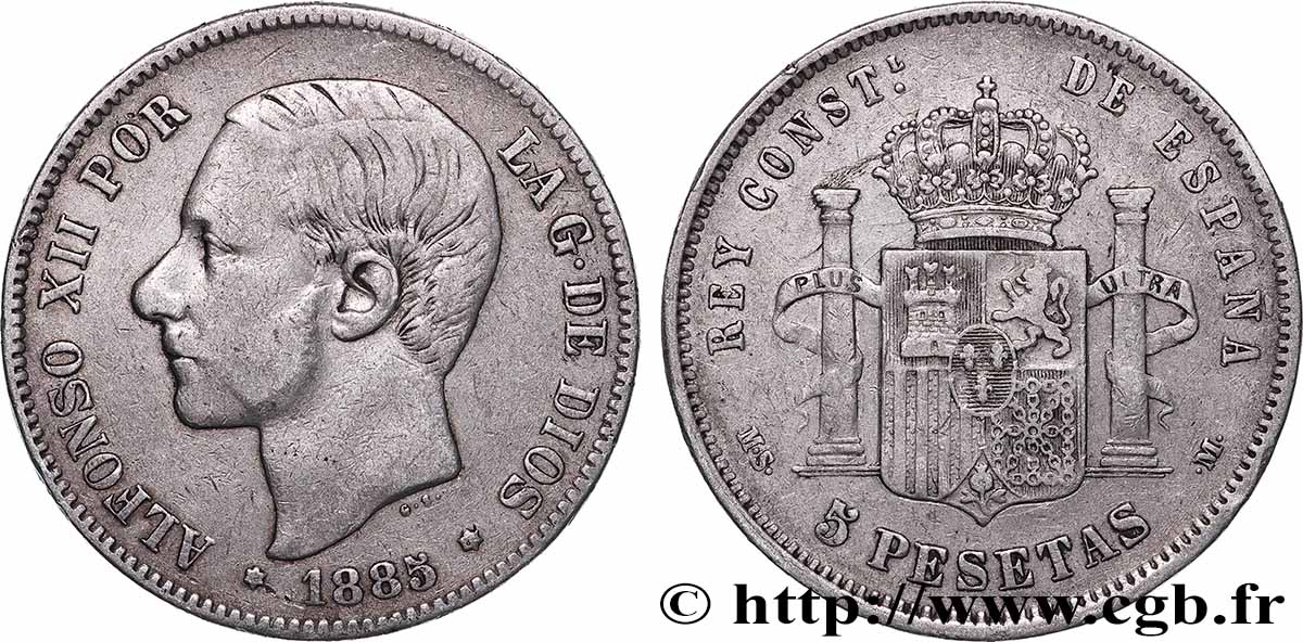 ESPAGNE 5 Pesetas Alphonse XII  1885 Madrid TTB