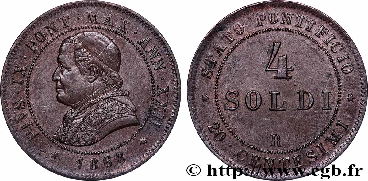 VATICAN ET ÉTATS PONTIFICAUX 4 Soldi (20 Centesimi) 1868 Rome TTB