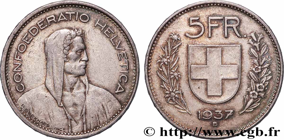SUISSE 5 Francs Berger des alpes / bouclier suisse 1937 Berne - B TTB