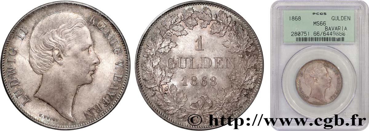 ALLEMAGNE - ROYAUME DE BAVIÈRE - LOUIS II 1 Gulden Louis II 1868 Munich FDC66 PCGS