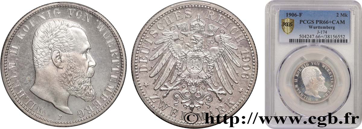 ALLEMAGNE - ROYAUME DE WURTTEMBERG - GUILLAUME II 2 Mark Proof 1906 Stuttgart - F FDC66 PCGS
