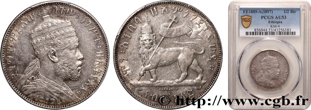 ÉTHIOPIE 1/2 Birr Menelik II EE1889 1897 Paris TTB53 PCGS
