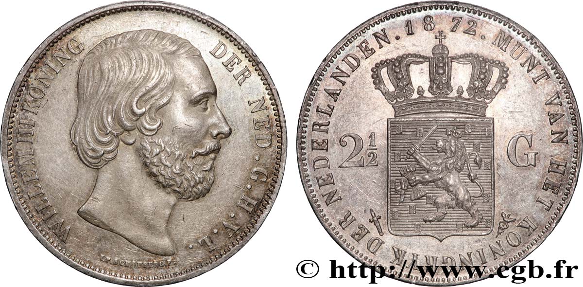 PAYS-BAS - ROYAUME DES PAYS-BAS - GUILLAUME III 2 1/2 Gulden  1872 Utrecht SUP