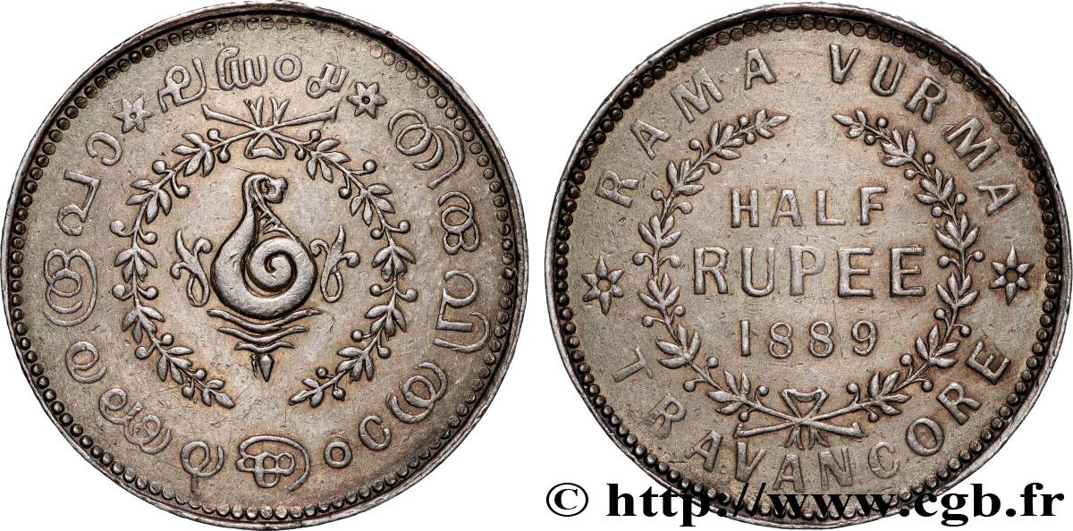 INDE - ÉTAT PRINCIER DU TRAVANCORE 1/2 Roupie Rama Varma I 1889  TTB+