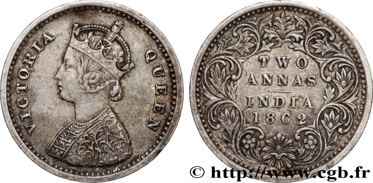 INDES BRITANNIQUES 2 Annas Anna Victoria 1862 Bombay TTB+