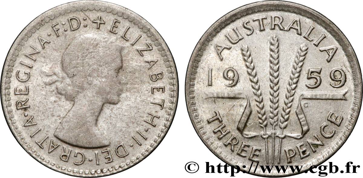 AUSTRALIE 3 Pence Elisabeth II 1959 Melbourne TTB/SUP