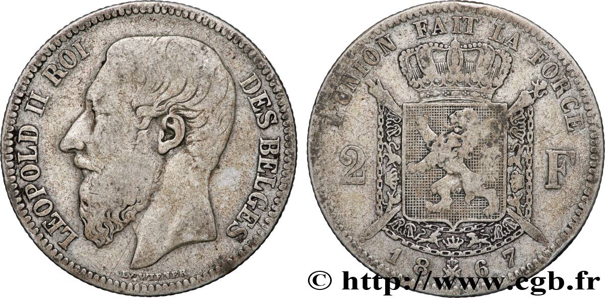 BELGIQUE 2 Francs Léopold II légende française 1867 Bruxelles TB