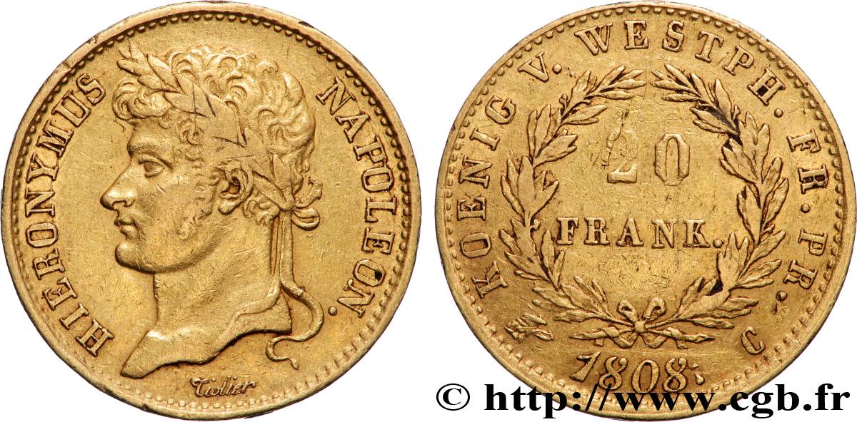 ALLEMAGNE - ROYAUME DE WESTPHALIE - JÉRÔME NAPOLÉON 20 Franken 1808 Cassel TTB