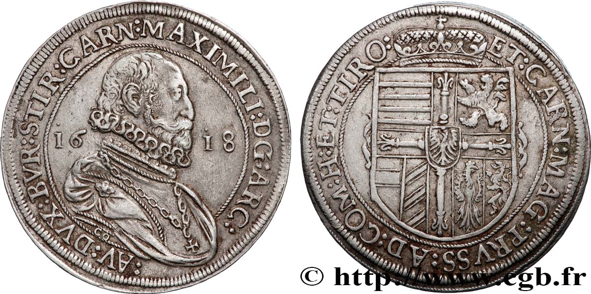 AUTRICHE - COMTÉ DE TYROL - MAXIMILIEN D AUTRICHE Thaler 1618 Hall TTB+