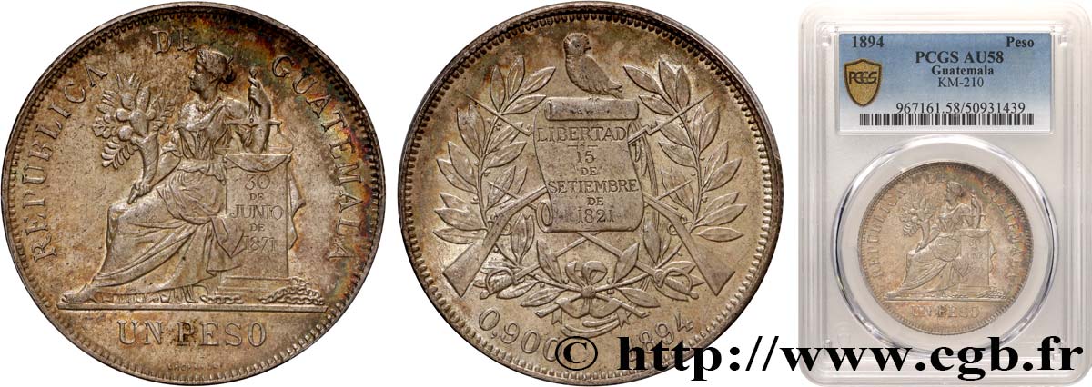 GUATEMALA 1 Peso 1894 Heaton AU58 PCGS