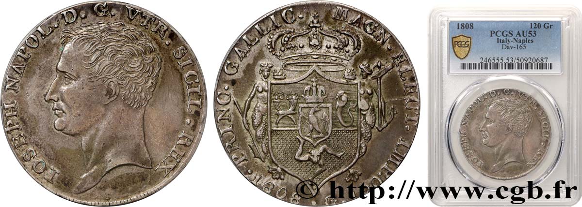 ITALY - KINGDOM OF NAPLES - JOSEPH NAPOLEON Piastre de 120 Grana 1808 Naples AU53 PCGS