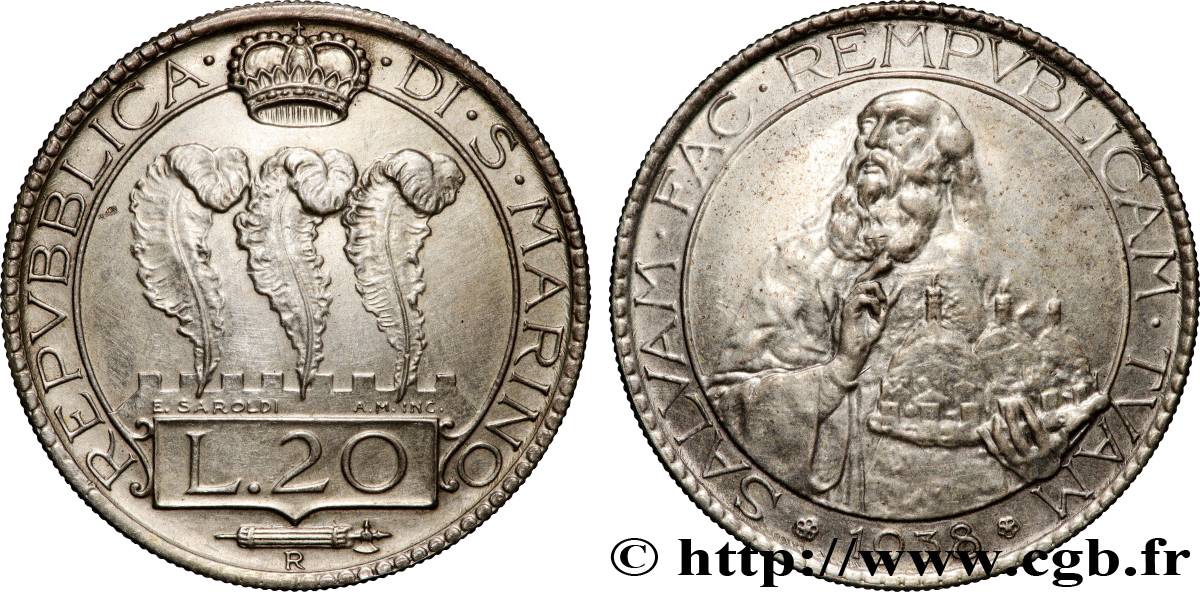 SAINT-MARIN 20 Lire San Marino 1938 Rome - R SUP