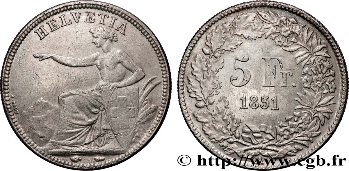 SUISSE - CONFEDERATION 5 Francs Helvetia assise 1851 Paris TTB