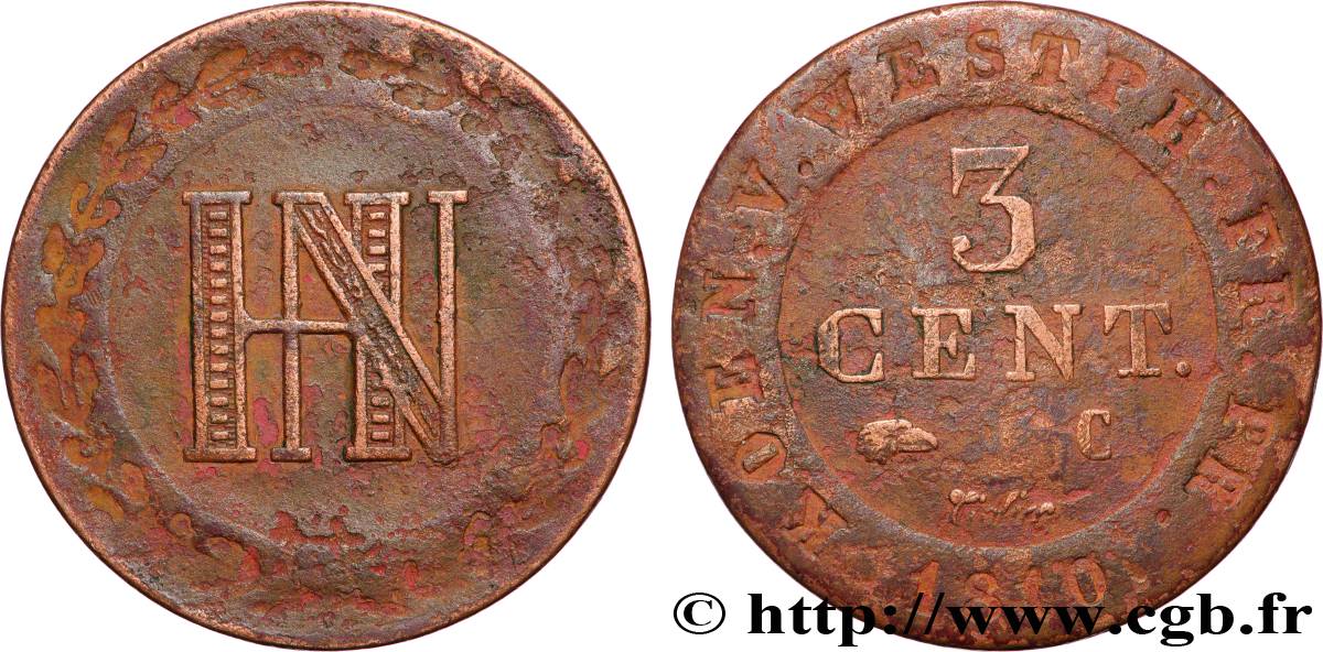 GERMANY - KINGDOM OF WESTPHALIA - JÉRÔME NAPOLÉON 3 Centimes 1810 Cassel VF