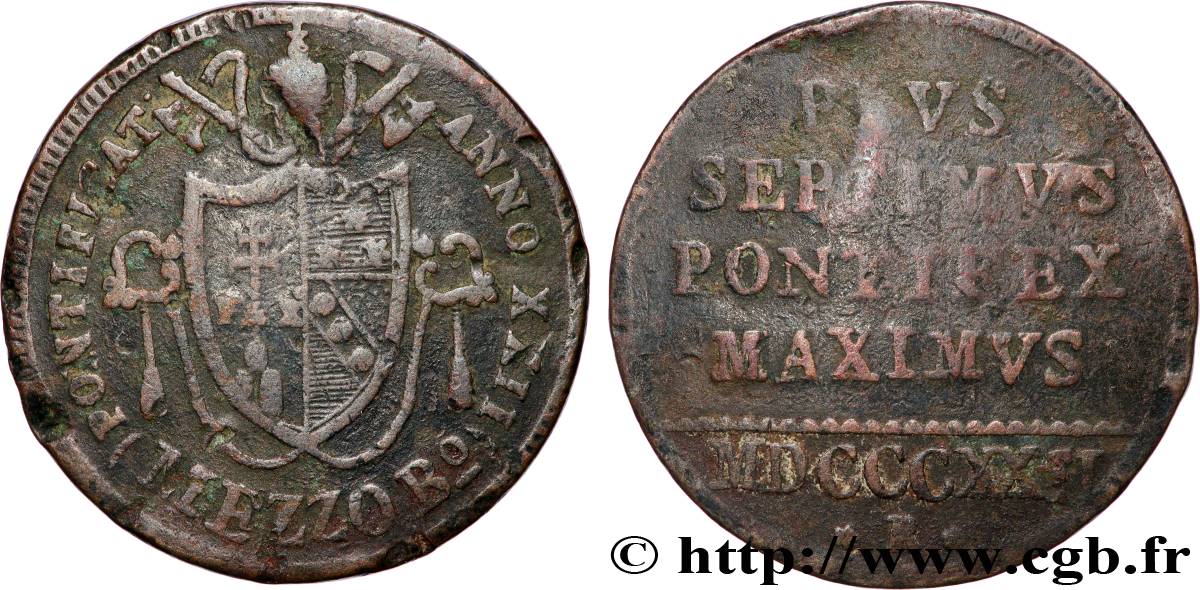 ITALIE - STATO PONTIFICIO - PIO VII  1/2 Baiocco 1822 Bologne q.BB