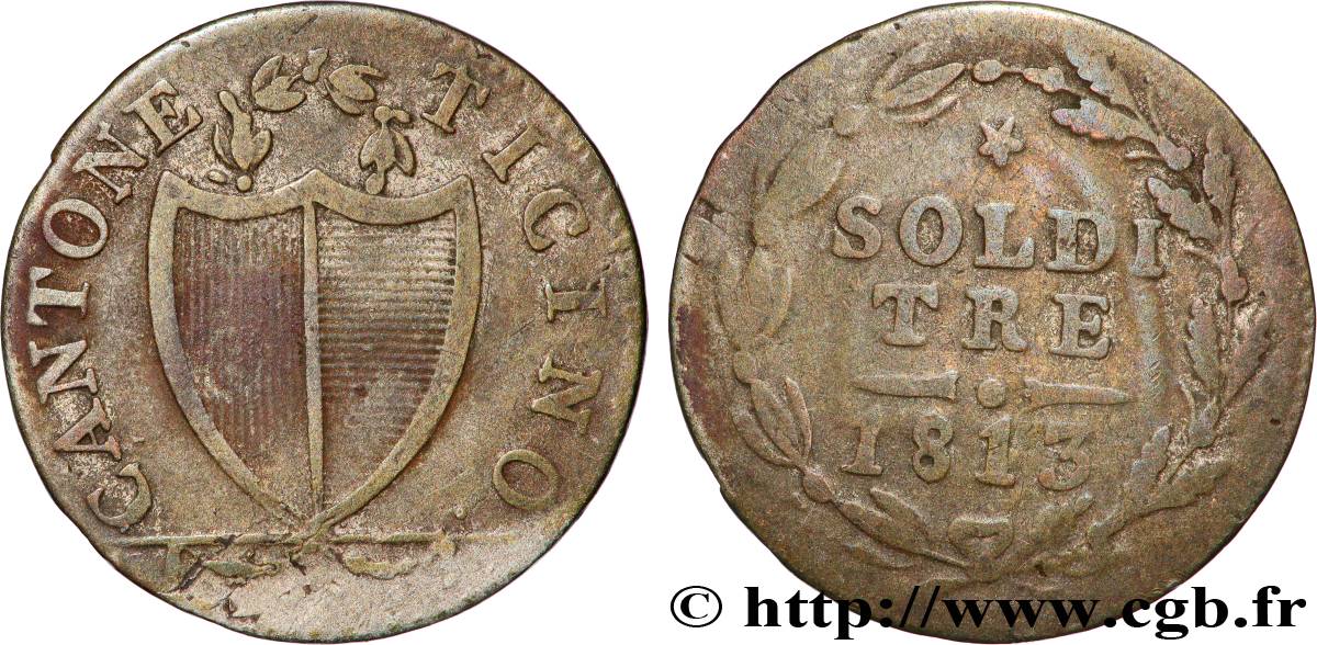 SWITZERLAND - CANTON OF TICINO 3 Soldi 1813 VF