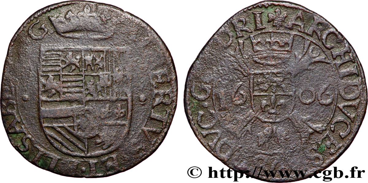 PAYS-BAS ESPAGNOLS - DUCHÉ DE BRABANT - ALBERT ET ISABELLE Liard 1608 Bois le Duc TB