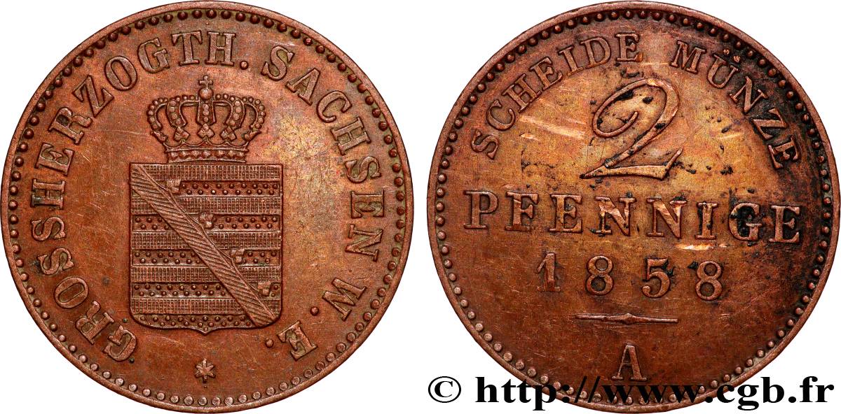 ALLEMAGNE - SAXE-WEIMAR-EISENACH 2 Pfennigs - Charles Alexandre 1858 Berlin TTB