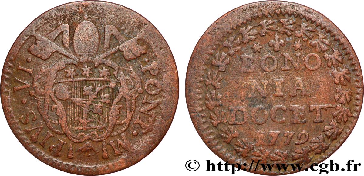 ITALIE - ÉTATS DU PAPE - PIE VI (Jean-Ange Braschi) Quattrino 1779 Bologne TB+