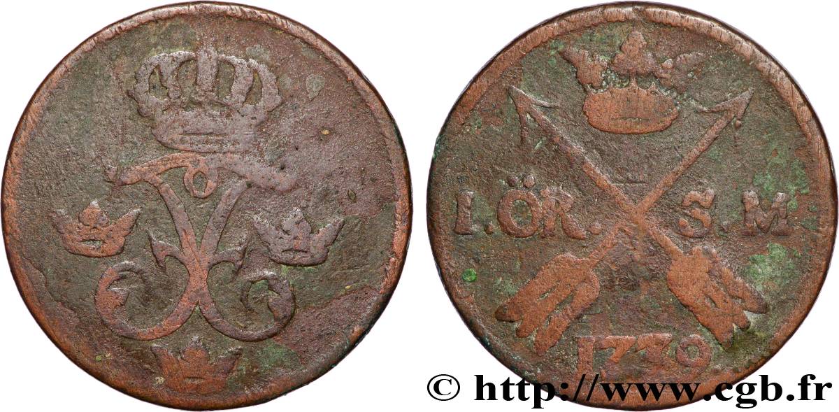SUÈDE 1 Ore monogramme couronné du roi Frédéric Ier de Suède 1739 B+