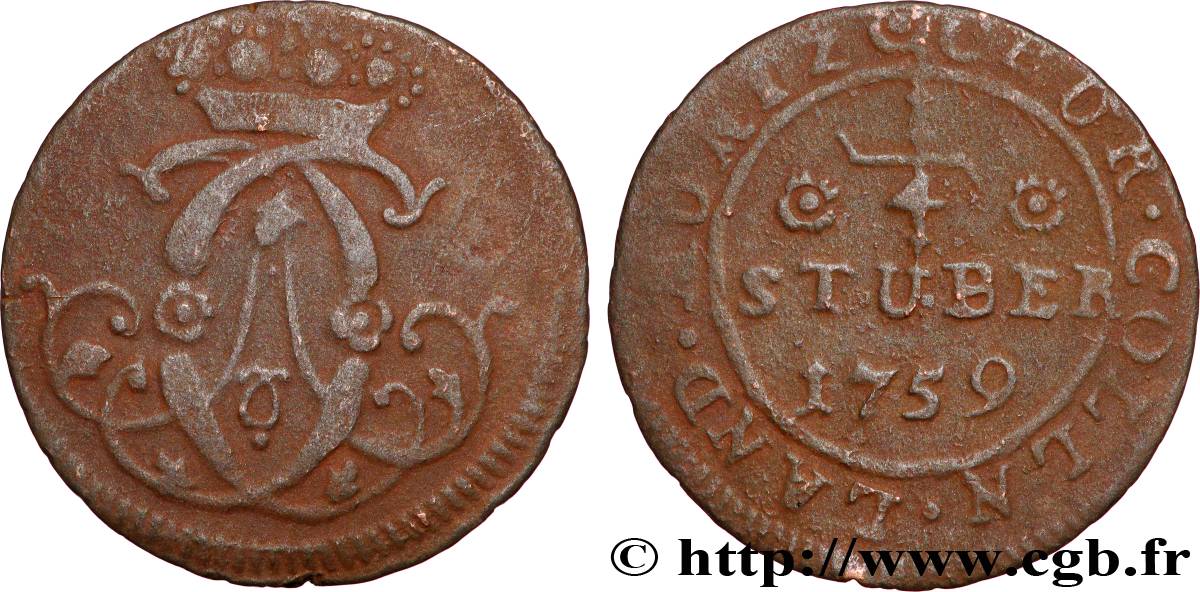 GERMANY - COLOGNE 1/4 Stuber Clément-Auguste de Bavière 1759 VF