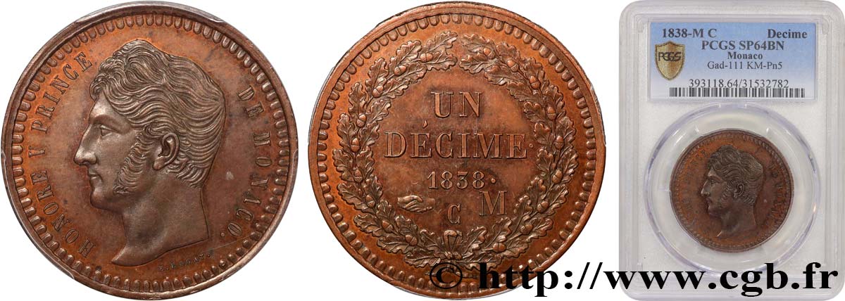 MONACO - HONORÉ V Essai Un décime 1838  fST64 PCGS