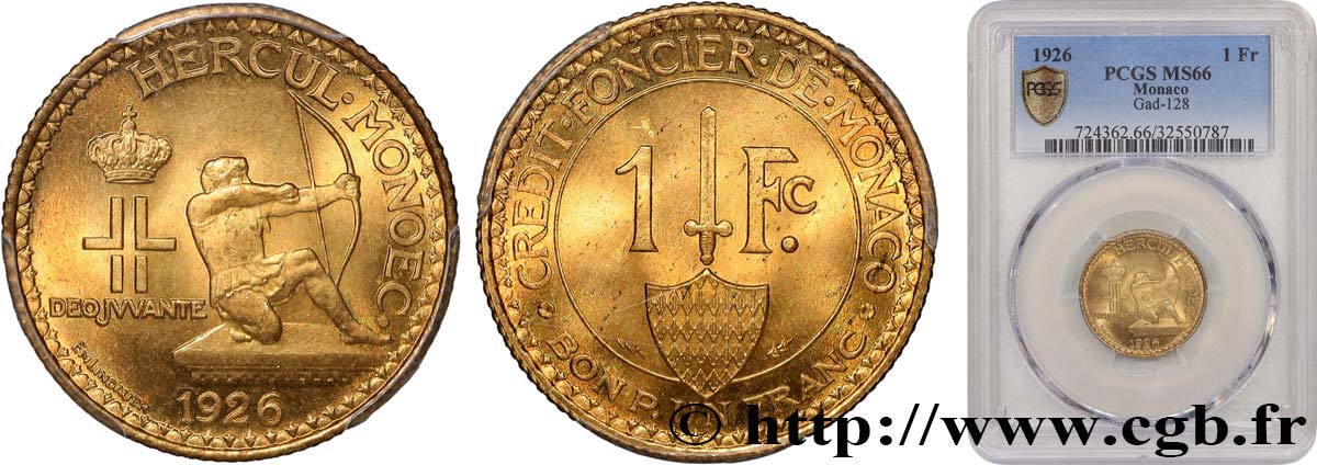 MONACO 1 Franc émission du Crédit Foncier de Monaco 1926 Poissy ST66 PCGS