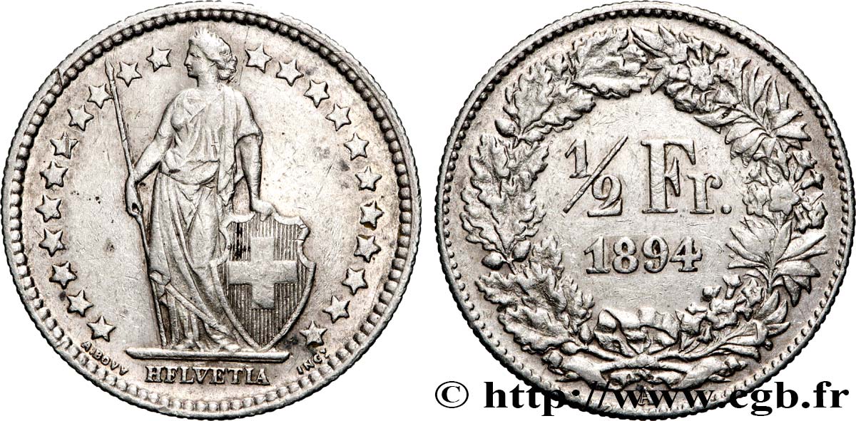 SWITZERLAND 1/2 Franc Helvetia 1894 Berne XF