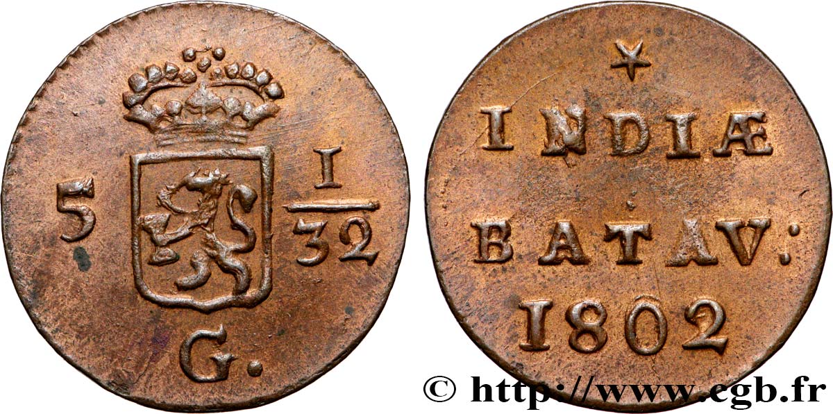 NIEDERLÄNDISCH-INDIEN 5 1/32 Gulden (1/2 Duit) écu couronné des Pays-Bas 1802 Enkhuizen VZ